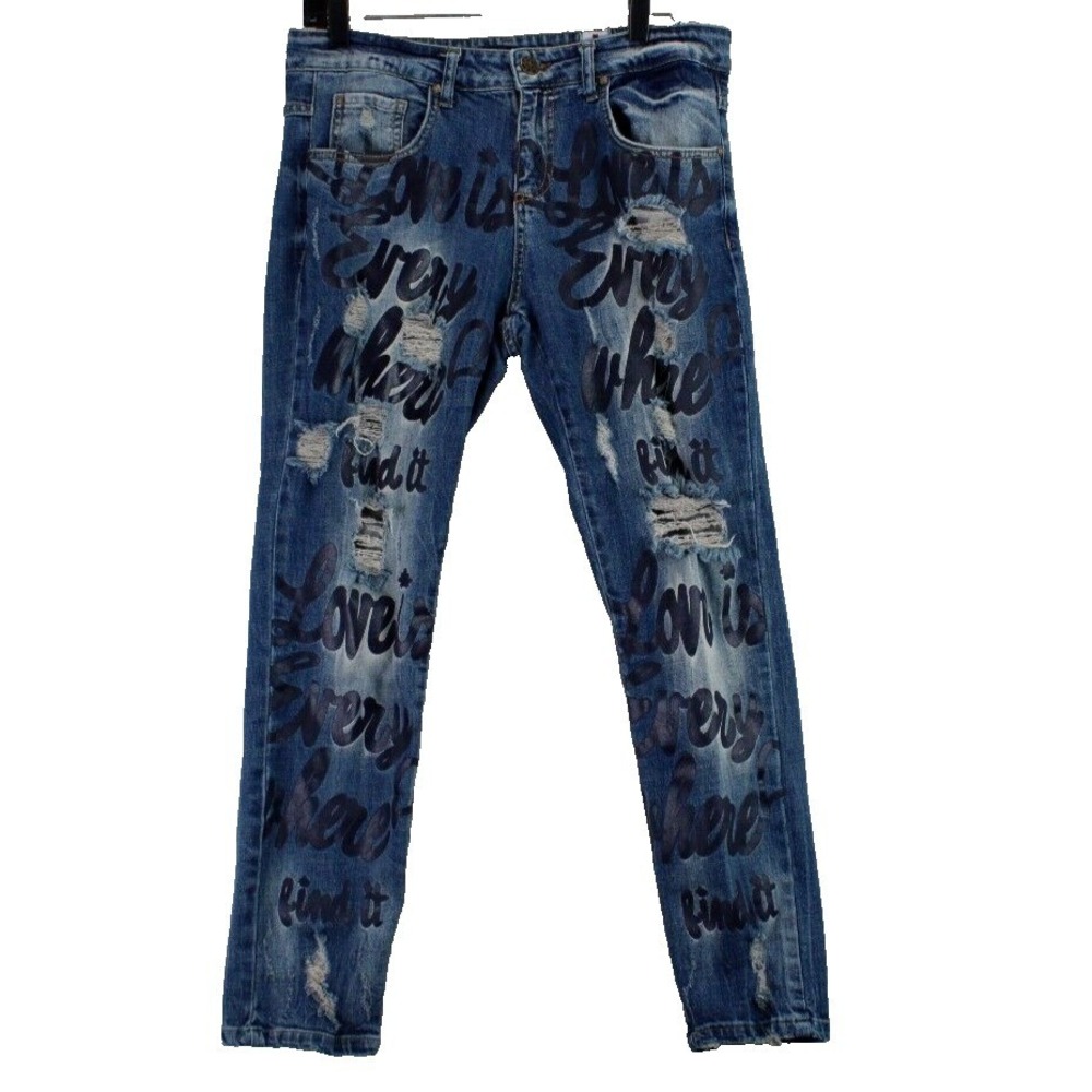 VTG‎ Raw Denim Project Denim Delux Jeans Womens Size M Distressed Graphic Print